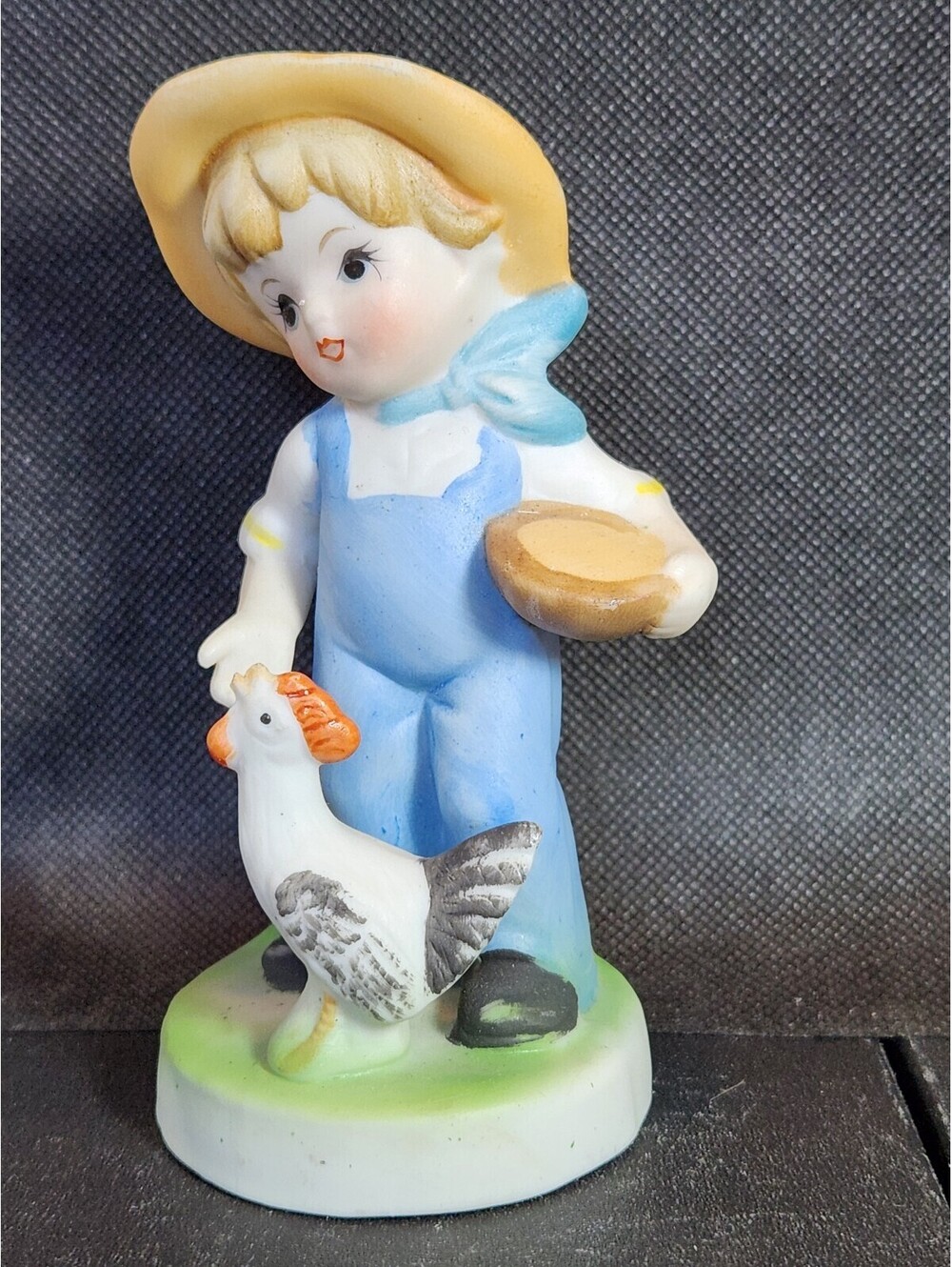 Porcelain Figurine Boy Blue Overalls Straw Hat Feeding Chicken Nursery Farm VTG